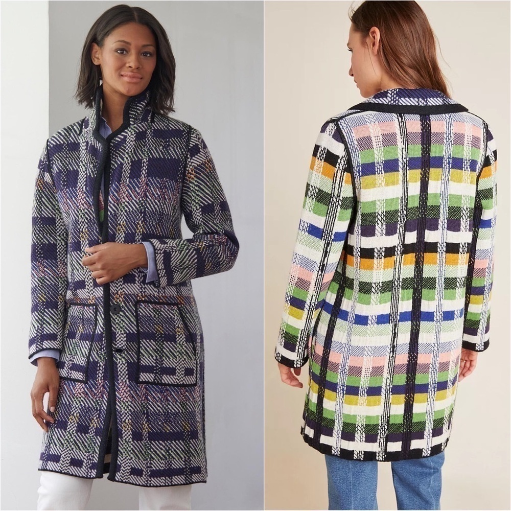 ALDOMARTINS Wool Alpaca Colorblock Plaid Long Maximalist Sweater Blanket Coat S - Picture 12 of 16